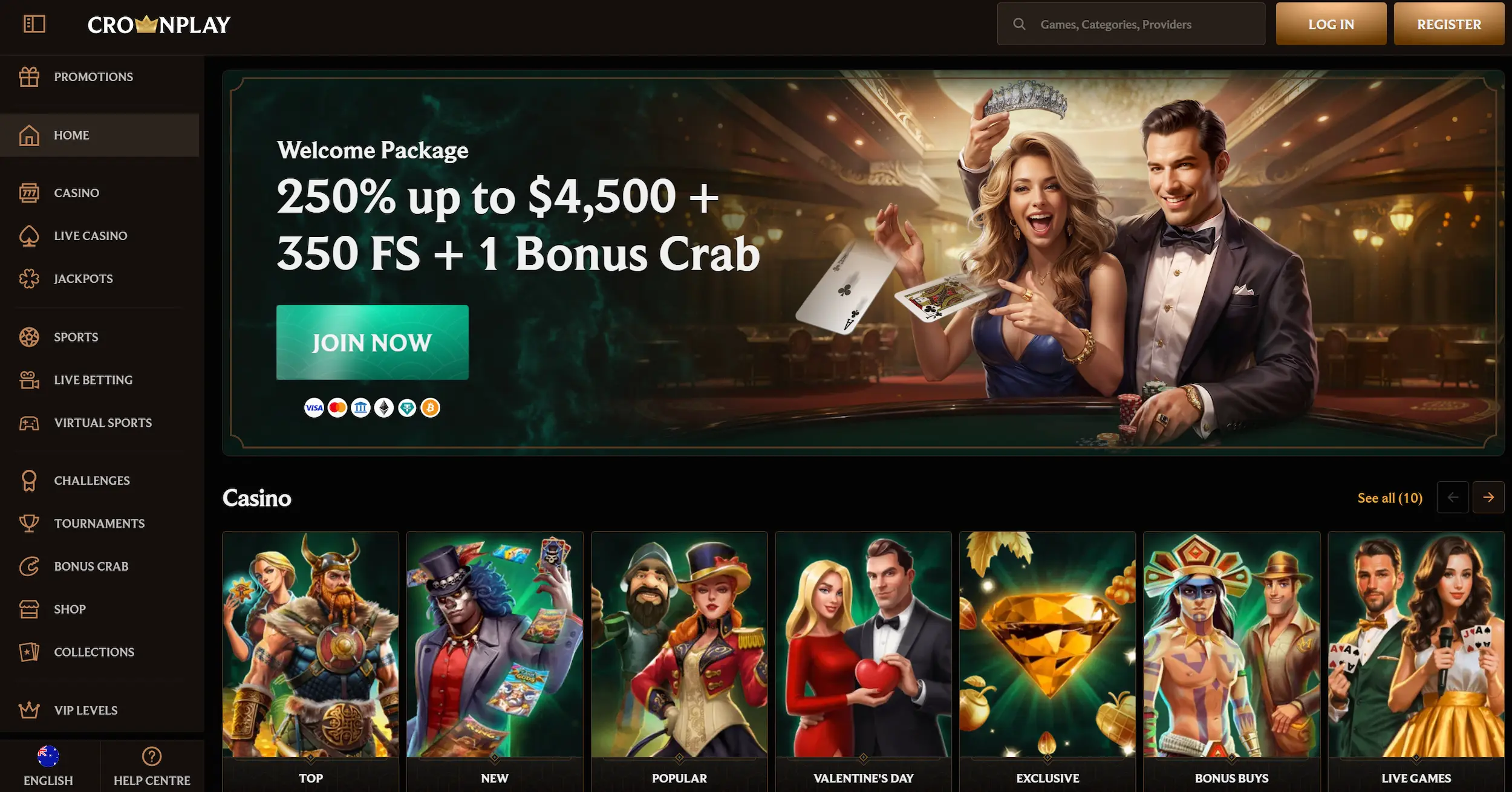 CrownPlay casino frontpage showing welcome bonus offer, casino games selection and site navigation